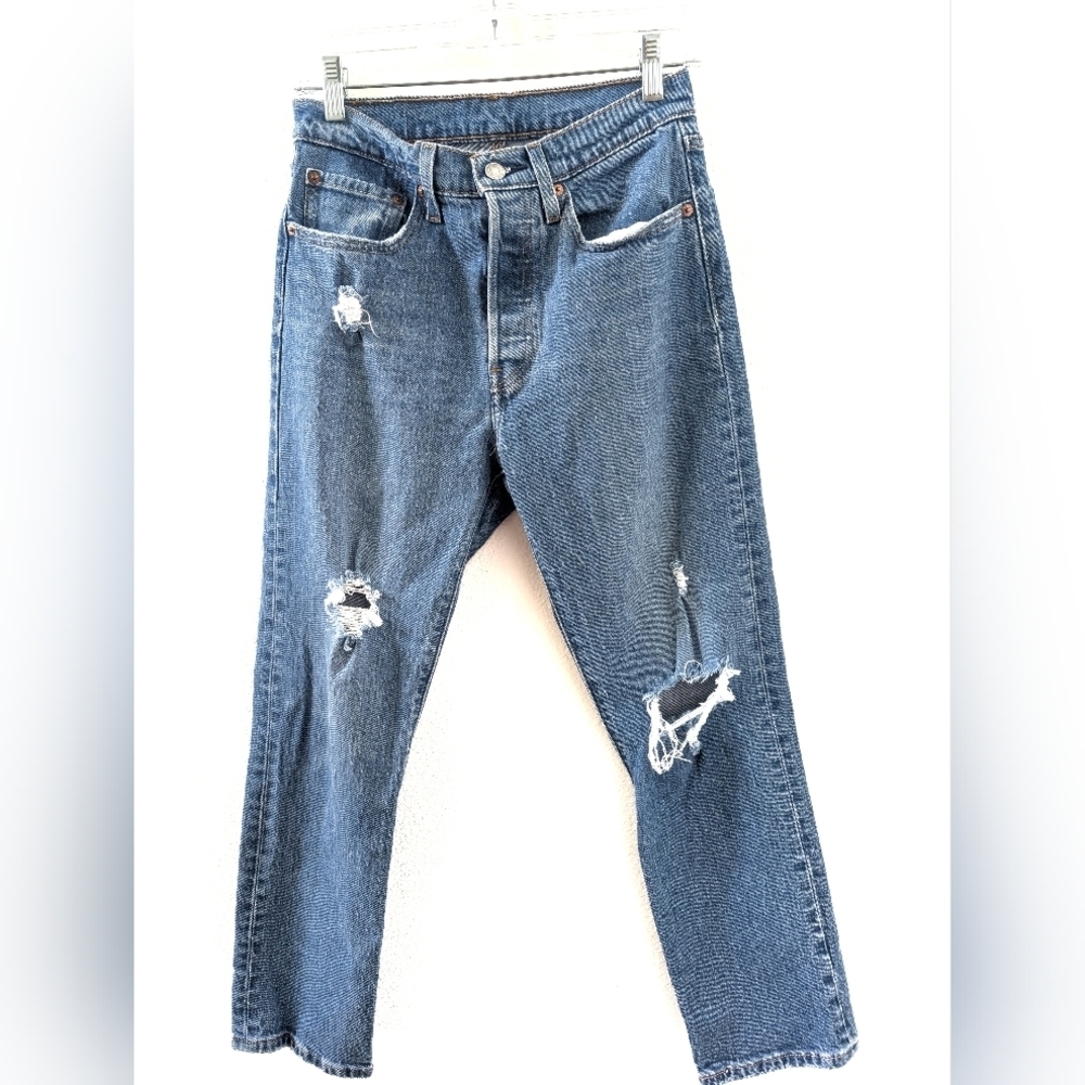 Levi's 501 High Rise Button Tab Denim Blue Jeans‎ Distressed 26